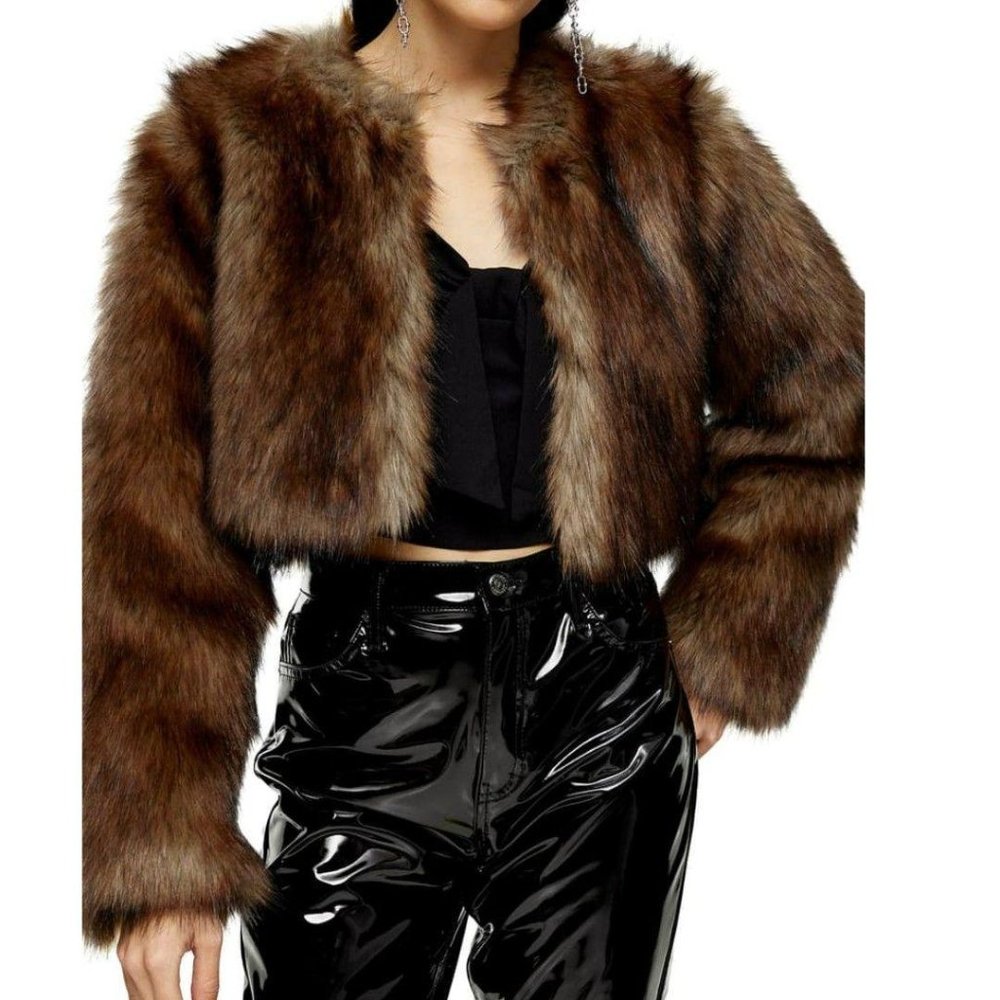 CLOSING SALE Topshop Faux Fur Cropped Coat Tan 8